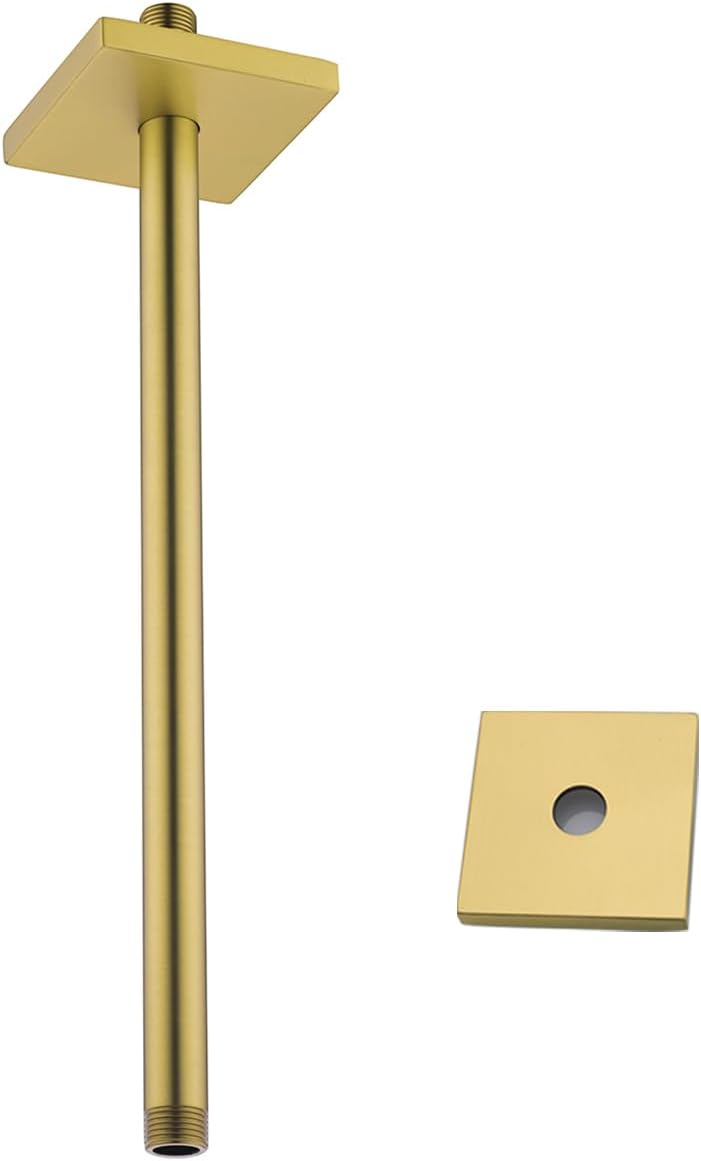 Shower Arm with Flange 16 Inches Ceiling Mount Round Straight Extender Extension Pipe Replacement,Long Shower Arm For Fixed Rain Shower Head or High Ceiling,Champagne Bronze,SE-91038-16CB-SQ