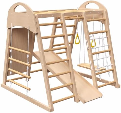 Indoor Playground 7-in-1 Jungle Gym Playset for Kids 2-6yrs – Slide, Climbing Wall, Rope Wall Climber, Monkey Bars, Swing – Waldorf and Montessori Style Wooden Climb Set.