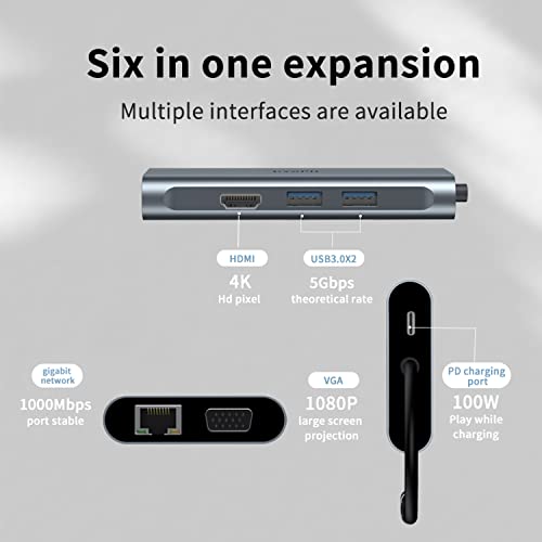 Usb C Hub, Usb C Laptop Docking Station Dual Monitor, 6 In 1 Usb C Dock With Hdmi 4K, Vga,2 Usb Port 3.0, 100W Pd Charger, Gigabit Ethernet, Usb C Dongle Compatible With Macbook/Dell/Hp/Lenovo Laptops #TOP4