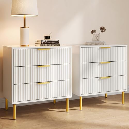 RIHHA Set of 2 – White and Gold 3 Drawer Nightstand, Modern Fluted...