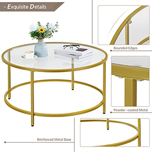 Yaheetech Coffee Table Set Of 3, Round Coffee Table & 2Pcs Accent End Table Easy Assembly W/Glass-Top Surface & Reinforced Frame For Living Room,Apartment,Small Space,Mustard Gold #TOP3
