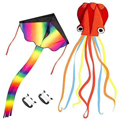 AM ANNA 2 Pack Kites - Large Rainbow Delta Kite and Red Mollusc Octopus with Long Colorful Tail Includes Kite Line for Children Outdoor Game Activities Beach Trip