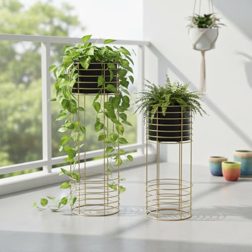Image of Metal Floor Planter with Stands (Set of 2), Modern Tall Planter for Home Decor, Decorative Plantpot for Living Room Balcony Office, Big Plant Stand with Pots (Plants not Included) (Black Pot & Gold Stand)