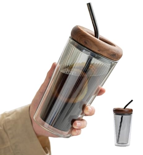 タンブラー グラス 蓋付き 400ml/500ml 真空断熱 二重構造 ガラス ストロー付き 木製蓋 耐熱 耐冷 保温 保冷 二層コップ おしゃれ コーヒー 水筒風 オフィス ギフト