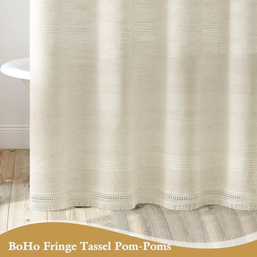 Craidlela Boho Farmhouse Shower Curtain Set with Tassel, Linen Bohemian French Country Chic Bathroom Shower Curtain Set, Modern Striped Textured Shower Curtain 72x72 - Beige/Cream by Craidlela - Image 5