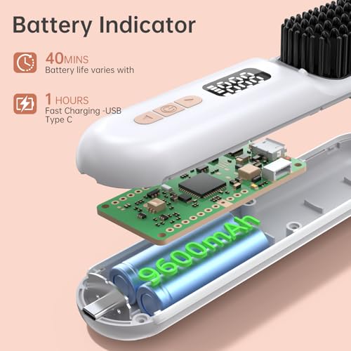 Image of Cordless Hair Straightener Brush, Negative Ion Hot Comb, Anti-Scald Ceramic | 9 Temps | 9600mAh | Type-C | Anti-Scald Design | Rapid Heating | Global Voltage | Easy to Carry