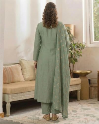 Image of ANNI Designer Women's Viscose Straight Printed Embroidery Kurta with Pant & Dupatta | Long Sleeve Ethnic Kurta Set for Women | Casual Office, Daily, Party Outfits