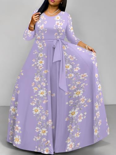 Image of Women Plus Size Long Sleeve V Neck Maxi Dress with Belt | Soft fabric relaxed fit three quarter sleeve v neck with pockets for party and daily wear