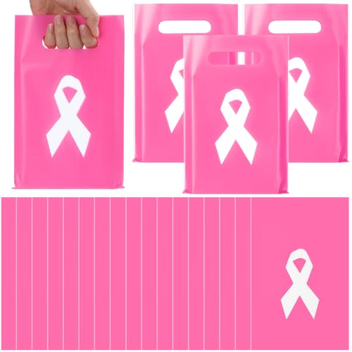 Glenmal 50 Pcs Breast Cancer Awareness Plastic Gift Bags with Handles Pink Ribbon