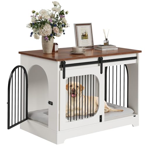 Dog Crate Furniture, 39.4 in Dog Kennel for Dogs Up to 70 LB, with Bed Mat, Heavy-Duty Dog Cage End Table, Three Doors Dog House, White/Brown, White a