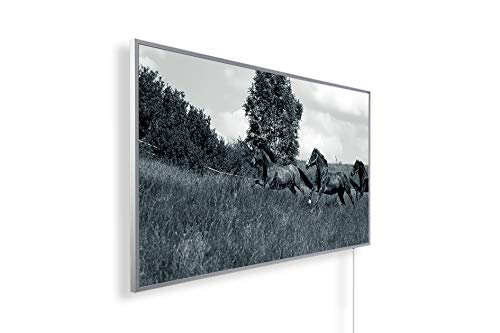 Preisvergleich Produktbild Könighaus Infrarot Bildheizung HD Qualität mit TÜV / GS + 5 Jahre Herstellergarantie Black Edition Weißer Rahmen inkl. Smart Thermostat und App - 1000W - Motiv: 256. Pferde