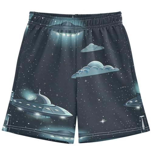 Boys Athletic Shorts with Pockets Cool Spaceship Running Basketball Shorts for Youth Elastic Waist Size 7-8