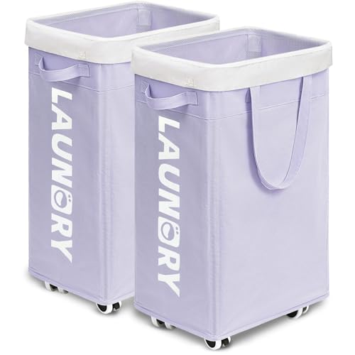 Image of Goodpick Laundry Basket with Wheels 2-Pack, 75L Collapsible Laundry Baskets with Removable Wash Bag, Clothes Laundry Hamper on Wheels, Light Purple