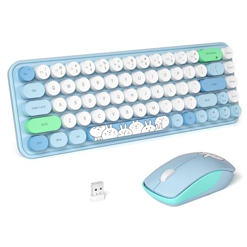 Image of FOPETT Wireless Keyboard and Mouse Cute Mouse and Keyboard 2.4G Wireless Keyboards with Colorful 68 Keys Typewriter Retro Round Keycap for PC, Laptop,Tablet,Computer Windows - Blue Colorful