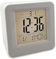 Relógio Despertador Mini Multifuncional com Display LCD, Luz Noturna e 8 Toques Diferentes – Portátil e Econômico Alimentado por pilhas com Sensor Inteligente Som e Função Touch (Branco)