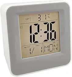 Relógio Despertador Mini Multifuncional com Display LCD, Luz Noturna e 8 Toques Diferentes – Portátil e Econômico Alimentado por pilhas com Sensor Inteligente Som e Função Touch (Branco)