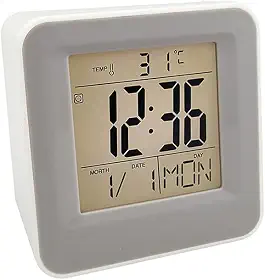 Relógio Despertador Mini Multifuncional com Display LCD, Luz Noturna e 8 Toques Diferentes – Portátil e Econômico Alimentado por pilhas com Sensor Inteligente Som e Função Touch (Branco)
