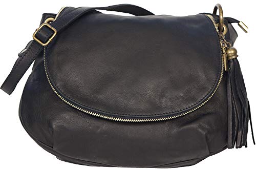Sac Cuir Femme 'Silvana' - Bandoulière, Porté Épaule, Souple, Italien - 30 X 6 X 22 cm (Noir)