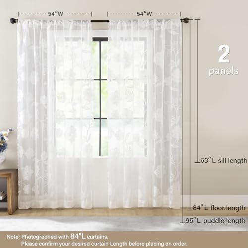 Image of White Lace Sheer Curtains 63inch Rose Knitted Net Curtains with Vintage Floral Embroidered for Living Room Bedroom Window Privacy Country Chic Retro Leaf Semi Sheer Drapes Rod Pocket 54 inchW 2Panels