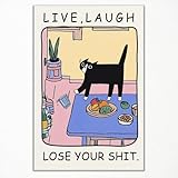 Cat Poster, Funny Cat Canvas Wall Art, Inspirational Quote Kitchen Wall Art, Live Laugh Lose Your Shit Motivational Print, Humorous Tuxedo Cat Picture for Dining Room 16x24in Unframed
