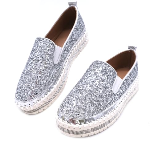 Image of Women's Platform Rhinestones Glitter Fashion Sneakers Comfortable Slip On Flat Loafers Walking Wedding Dress Shoes Casual Shoes