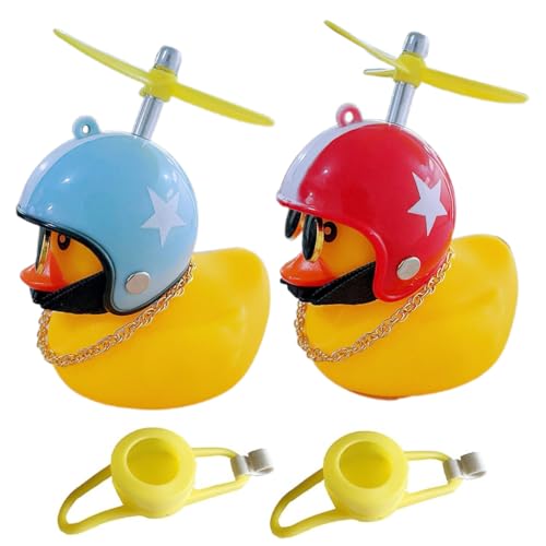 NHQZ 2 Piezas Patos de goma, timbre bicicletas infantil, Accesorios de Coche de Pato de Goma, Pato con Casco de Hélice, Se Utiliza para Autopartes, Accesorios bicicleta(Rojo + azul)