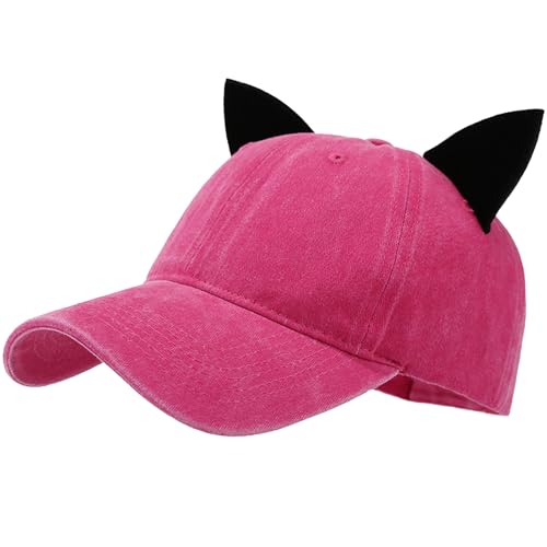 Image of Mens Baseball Cap Funny Trucker Hats for Men Women Cute Cat Ear Beanie Distressed Ponytail Baseball Hat for Women Fashionable Golf Hat Running Hats Red