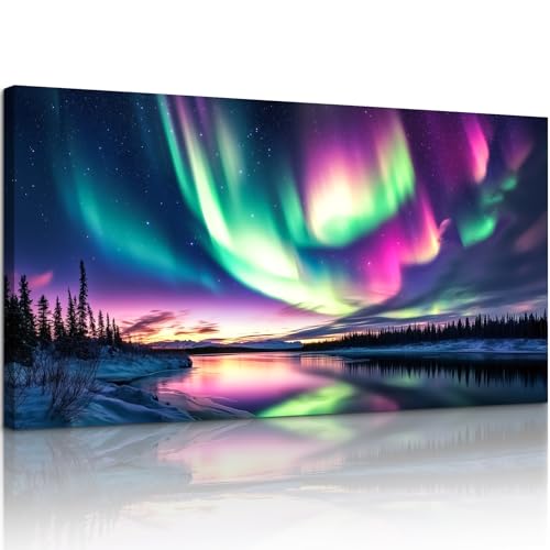 SERIMINO Aurora Sky Large Wall Art, Fantasy Nightscape Canvas Art Prints, Lakeside Northern Lights Landscape Paintings, Nature Aesthetic Pictures Wall Decor Living Room Bedroom Home Office 29