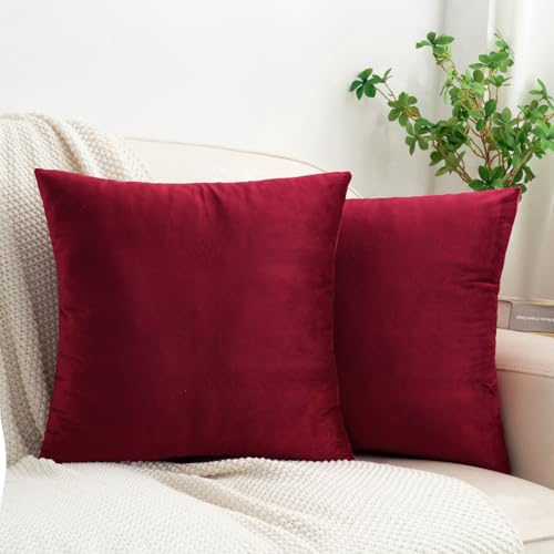 HWY 50 Burgundy Red Velvet Throw Pillow Covers 16x16 Inch, Pack of 2 Soft Cozy Solid Decorative Luxury Cushion Cases for Couch Sofa Bed Living Room Bedroom by HWY 50 - Used condition - US$12.48