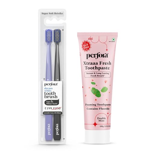 Image of Perfora Teeth Whitening Combo | Manual Toothbrush Pack of 2 & Xtraaa Fresh Toothpaste - 100g| Enamel-Safe & Sensitivity-Free Oral Care Formula For Tooth Stain Removal