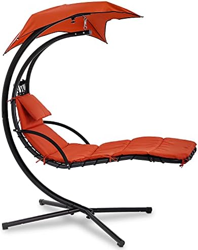 Hammock Chair Hanging Chair Lounge Chairs Outdoor Porch Swing Arc Stand with Canopy Umbrella and Pillow, 280 LBS Capacity, Heavy Duty Large Air Floating Chaise Chair for Patio Backyard Deck Garden