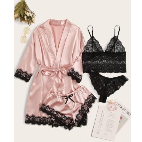 Image of PALAY Women's Pajama Satin Sexy Lingerie Robe Set 4Pcs Pjs Silk Sleepwear Floral Lace Cami Shorts Loungewear with Robe