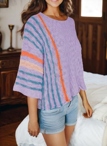 Image of Dokotoo Womens 2026 Spring Summer Casual Crewneck 3 /4 Sleeve Striped Lightweight Knit Trendy Boho Tops Pullover Sweaters