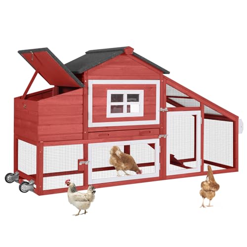 Aivituvin Chicken Coop Outdoor with Wheels, Mobile Hen House Wooden Poultry Cage with Run & Waterproof Roof (Red with White)