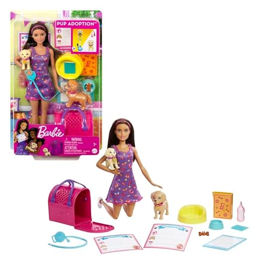 Barbie Adopta Perritos Muñeca con Vestido Morado, Perritos Mascota y Accesorios para cuidarles, Juguete +3 años (Mattel HKD86)