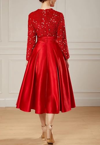 Women's Long Sleeve Mother of The Bride Dresses with Pockets Sequin Prom Dress Satin A Line Formal Evening Gown4