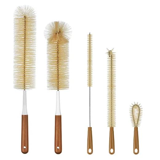 ALINK 5-Pack Bottle Brush Cleaner - Long Bamboo Handle Water Bottle Straw Cleaning Brush for Washing Narrow Neck Beer Wine Decanter, Baby/Sports Bottle, Thermos, Flask