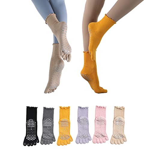 Fox-Tech Women's Grip Socks, Non-Slip Yoga Socks, Non Skid Crew Socks Suitable For Pilates, Yoga, Ballet, Fitness 2 Pairs (Beige/Yellow) #TOP23