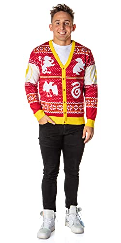 Harry Potter Men's Hogwarts Houses Ugly Christmas Sweater Knit Button-Up Cardigan3