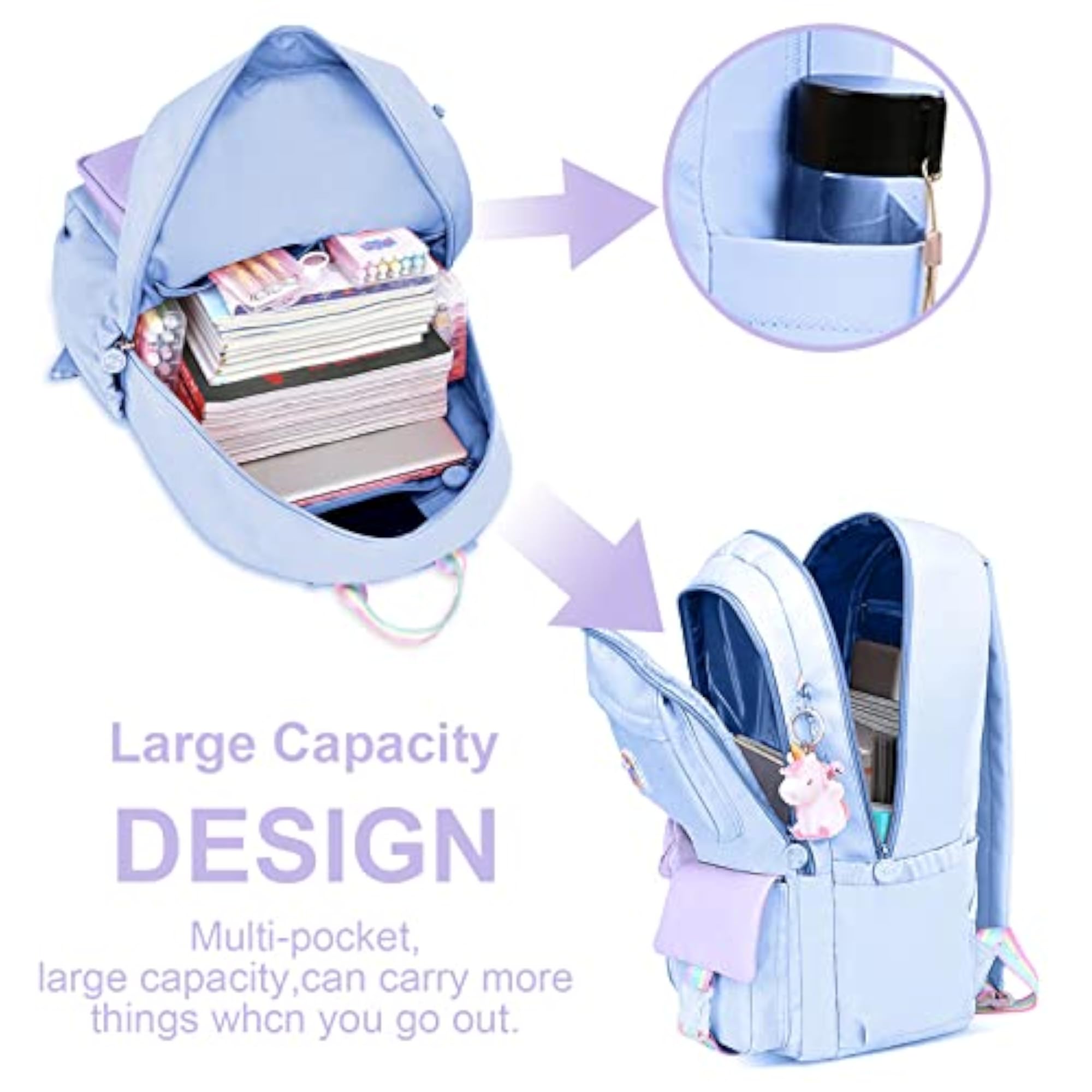 Cute Big Capacity School Backpack for Girls, Blue & Purple