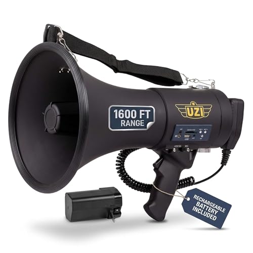 Uzi High Power Loud Big Bluetooth Megaphone 50W, Professional Bullhorn Megaphone Used by First Responders, Police & Agencies, Rechargeable Battery, PA System, Outdoor Activities - Round Shaped