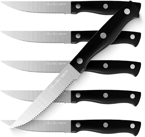 Harriet Steak Knife Set, Serrated Steak Knives Set of 6, Full Tang German Stainless Steel Steak Knives, Black
