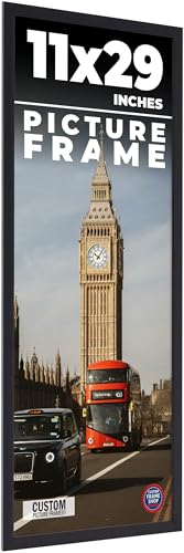 11x29 Frame Black Real Wood Picture Frame Width 0.75 Inches | Interior Frame Depth 0.5 Inches | Noir Classique Mid Century Photo Frame Complete with UV Acrylic, Foam Board Backing & Hanging Hardware