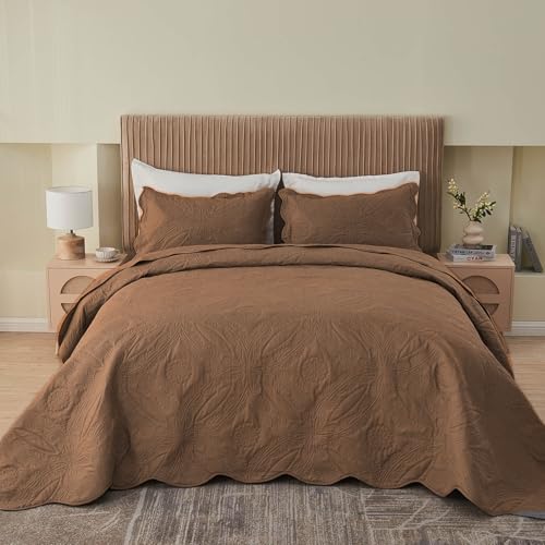 Image of Kingnex Oversized King Bedspreads 128x120 for Extra Wide Tall King or Cal King Bed Ultrasonic Quilted Coverlet Set 3 Piece Include 1 Quilt 2 Pillowcases Coffee