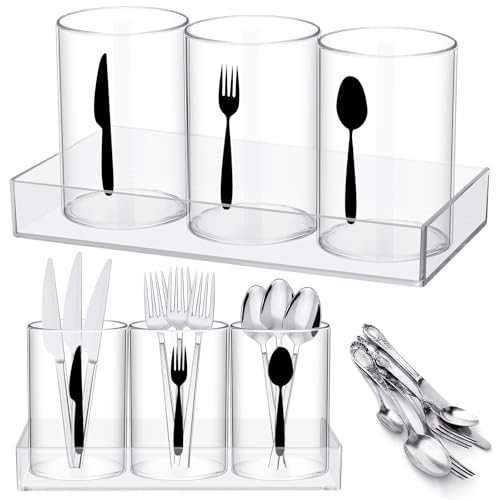 Suzile 3 Pcs Round Acrylic Cutlery Storage Organizer Plastic Utensil Holder Clear Silverware Organizer Tableware Storage Box Countertop Fork Spoon Knife Holder Party Flatware Caddy for Kitchen