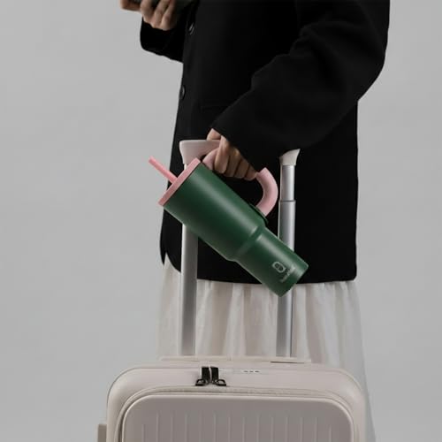 Image of House of Quirk 1200ml Stainless Steel Tumbler with Handle, Straw & Straw Cap | Leakproof Water Bottle | Large Capacity Travel Mug (Strawberry Matcha)