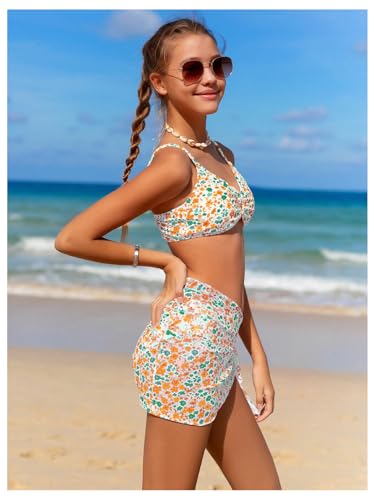 Image of OYOANGLE Girl's 3 Piece Bikini Sets Floral Print Spaghetti Straps Cute Swimsuits with Beach Skirt Bathing Suits