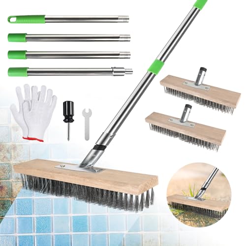 SUPAWAY Lot de 2 balais métalliques de 30 cm - Brosse anti-mauvaises herbes avec 1 jeu de longs manches en acier inoxydable de 1,6 m - Brosse d'élimination de la mousse avec gants - Balai de rue