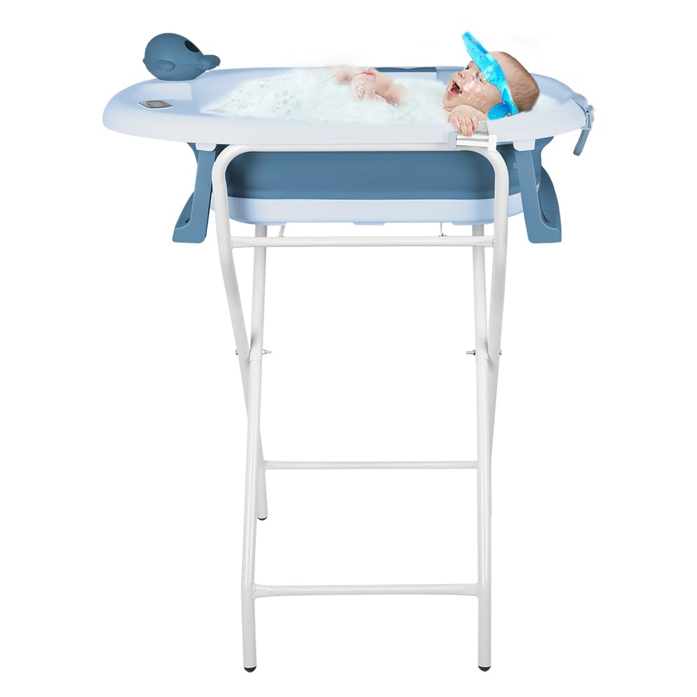 Bañera para bebés con soporte, ergonómica para bebés, con soporte, cierre compacto, organizador para padres, hasta 10 kg, Style 5, 81,5 x 48 x 21 cm, azul