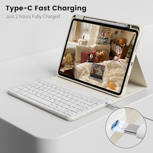 GKABXY Keyboard Case for iPad (A16) 11th Generation 11 inch 2025, iPad 10th Gen 10.9 Inch 2022, Detachable Wireless Bluetooth Keyboard Cover with Pencil Holder,Ultra-Fast Charging (Cream White) by GKABXY - Image 5